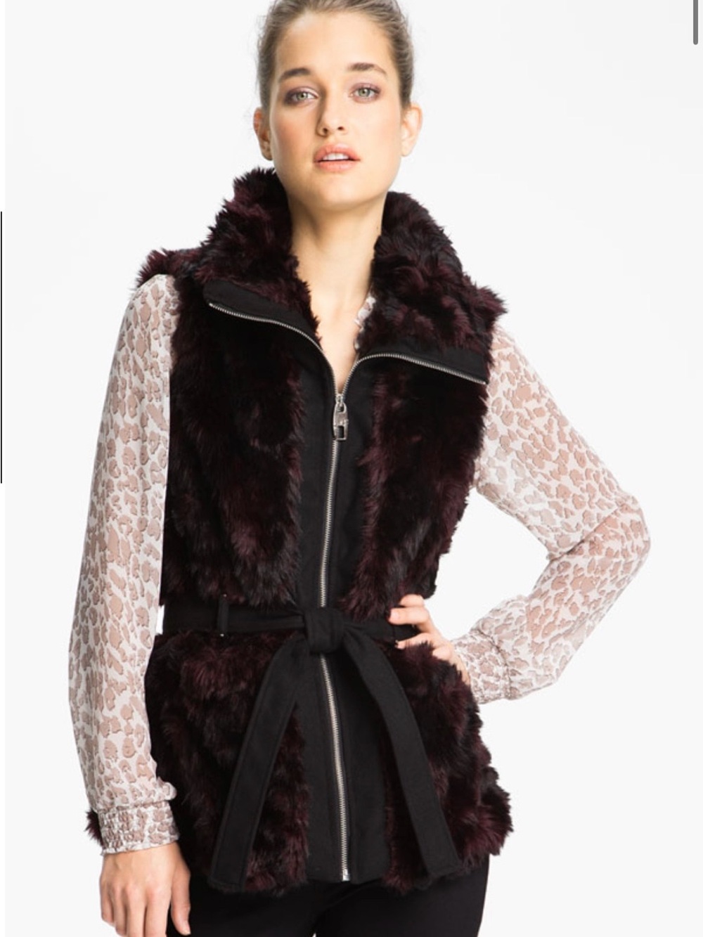 Miss Sixty M60 Faux Fur Vest Burgundy Black Belted Size S